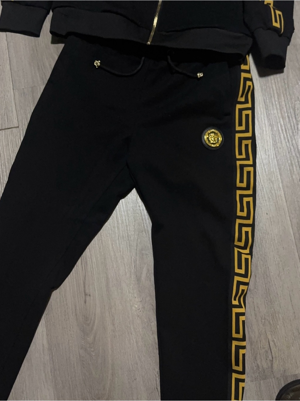 Black Track Pants with Gold Greca Stripe